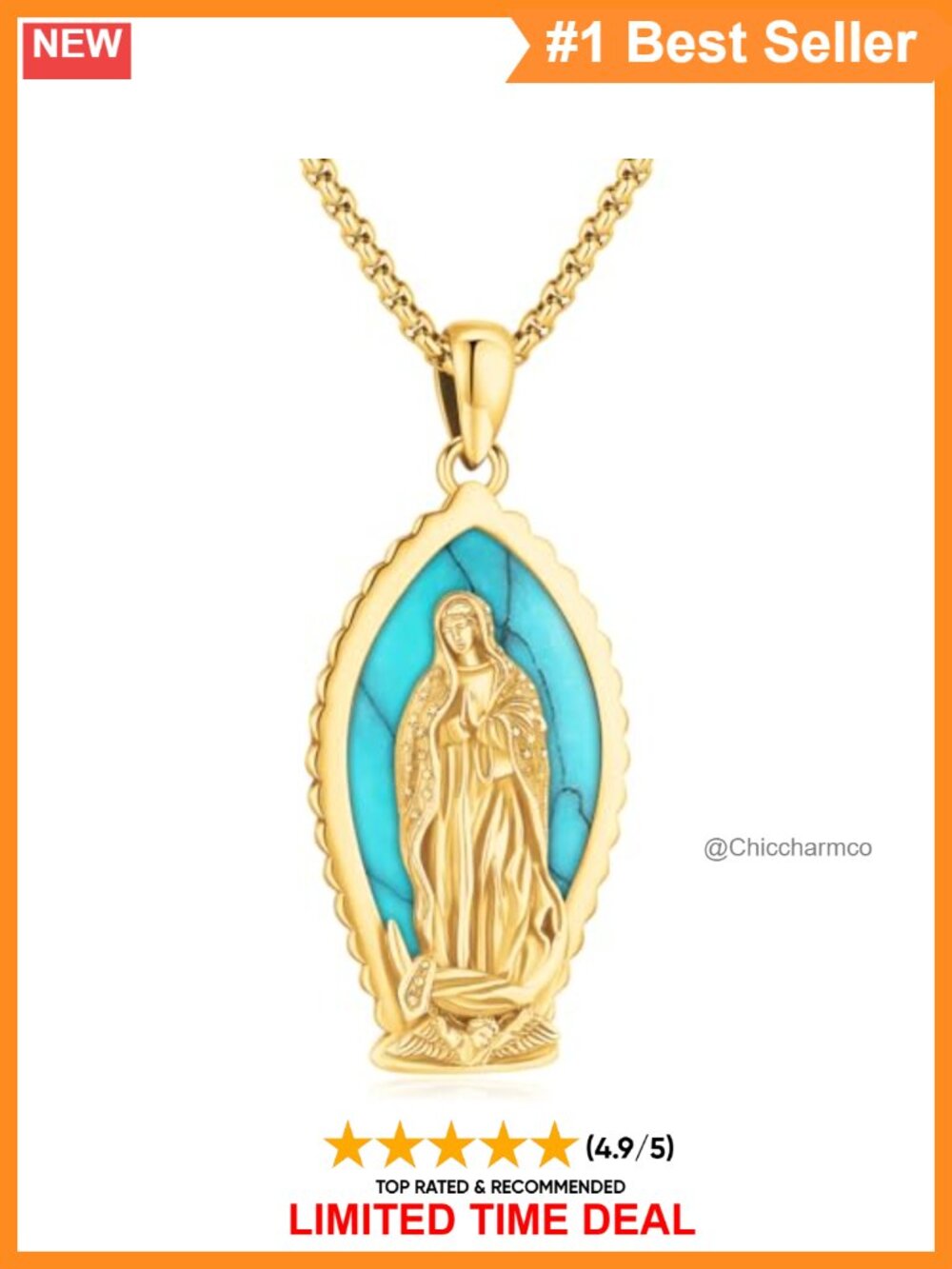 Sterling Silver Gold Plated Virgen de Guadalupe Pendant Necklace Turquoise